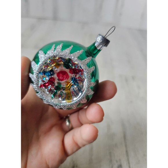 Vintage indent green silver glitter ball ornament reflector Xmas tree - Picture 6 of 9